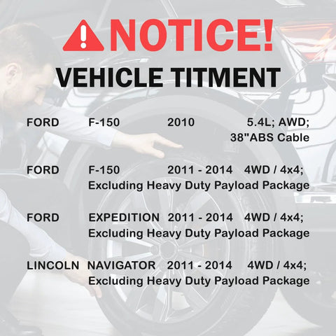 Notice about vehicle fitment for Ford F-150, Expedition, and Lincoln Navigator models from 2011-2014, 4WD, without heavy duty package.