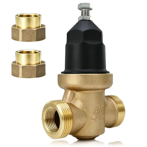 Three Quarter Inch NR3XL Pressure Reducing Valve With 400 Psi Max And Adjustable 15 To 75 Psi Factory Default 50 Psi Durable Cast Bronze Body Smart Water Saver That Slashes Waste And Cuts Your Water Bill. 3/4 in bronze valve with black cap and threaded fittings