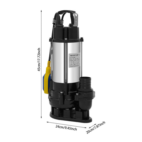 Heavy Duty Submersible Sump Pump Featuring Rust Resistant Stainless Steel Construction And Pure Copper Motor For Basement Drainage Crawl Space Water Removal Built Tough To Handle Slurry Like A Champion, side view with dimensions.