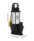 Heavy Duty Submersible Sump Pump With Rock Solid Stainless Steel Body, dimensions 45cm height, 24cm width, 20cm depth, designed for clean water transfer.
