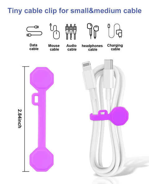8 Pack Silicone Magnetic Cable Ties And Clips Cord Organizer Set showing purple magnetic clip with cables.