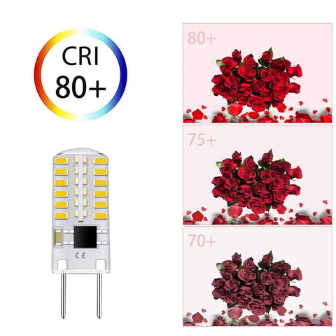 G8 LED Bulb Dimmable T4 Bi Pin JCD Type Base 6000K Daylight White 3W Halogen Replacement next to CRI 80+ color chart