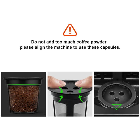 Two Pack Reusable K Cup Pods And Two Stainless Steel Filters for Dual Brew Pro CFPX with coffee powder warning and alignment guide.