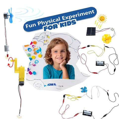 Fun Physics Science Kit With Windmill, Hand Cranked Generator And Solar Power in use by smiling child