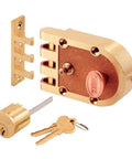 Single Cylinder Brass Slam Lock Deadbolt With Flat And Angle Strikes For Surface Mount Jimmy Proof Security Bronze Alloy Build That Holds Up With Corrosion Resistant Brass Plated Finish Single Pack shown with keys and lock components