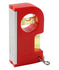 2-in-1 Pocket Level with Metal Chain for Construction and DIY Projects in red, showing vials for horizontal and vertical leveling.