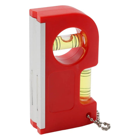 2-in-1 Pocket Level with Metal Chain for Construction and DIY Projects in red, showing vials for horizontal and vertical leveling.