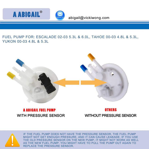 Comparison of E3508M Fuel Pump Replacement with pressure sensor and typical fuel pump without sensor. Visible parts labeled.