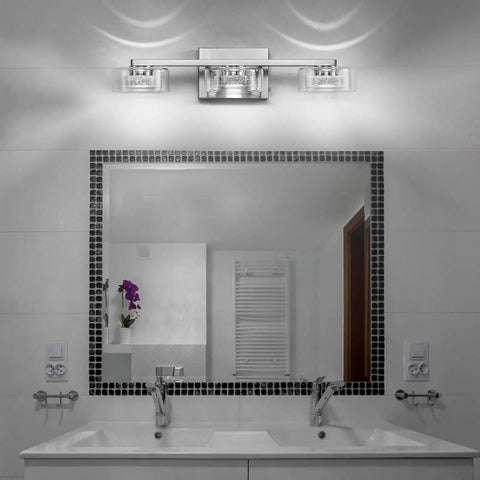 Dimmable Led Three Light Bathroom Vanity Light Over Mirror With Modern Crystal Brushed Nickel Finish And Clear Glass Shades
