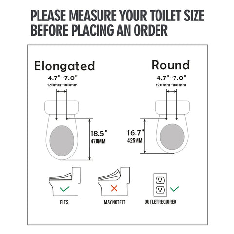 Measuring guide for Upgraded Elongated Bidet Toilet Seat With Adjustable Warm Wash And Hot Air Dryer showing elongated and round sizes.