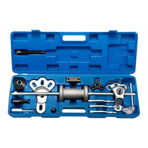 Universal Auto Bearing Hub Puller Slide Hammer Kit For Axle Seal Disassembly Tool Set For Garage Mechanics Fixing Rigs Or Beaters To Restore Wheel Hubs Cars Trucks Fast Using Badass Gear To Get The Job Done Without Calling Pros For High Prices blue case with metal slide hammer and hub puller parts