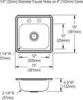 Diagram of Stainless Steel Single Bowl Drop-In Bar Sink And Faucet Kit, 15x15 inch dimensions with U-Channel Mounting