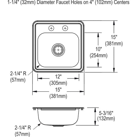 Diagram of Stainless Steel Single Bowl Drop-In Bar Sink And Faucet Kit, 15x15 inch dimensions with U-Channel Mounting