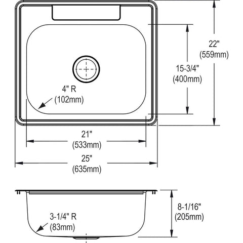 Technical drawing of Single Bowl Top Mount Stainless Steel Kitchen Sink 25 x 22 Inch 8 Inch Deep 20 Gauge Drop In Design Fits 30 Inch Cabinets