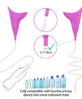 Front view of pink female urination device connector set with clear tubing and hose barb fittings, 10 pcs