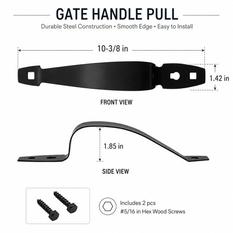 Gate Handle Pull Ten And Three Eighths Inch Heavy Duty Steel Door Handle With Black Finish Hardware Included For Wooden Fences Sheds Barn Doors And Garages Weather Resistant And Easy To Install, front view