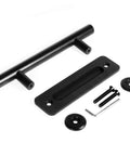 12 Inch Sliding Barn Door Handle Pull With Flush Back Plate, Matte Black Powder Coated Finish, screws and hex key shown
