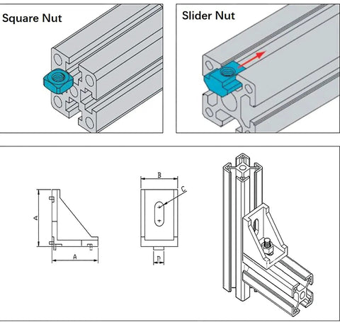 Diagram showing square and slider nuts with Two Pack 20x20mm Aluminum Extrusion Profiles 31.5 Inch 800mm Black Anodized T Slot for CNC builds