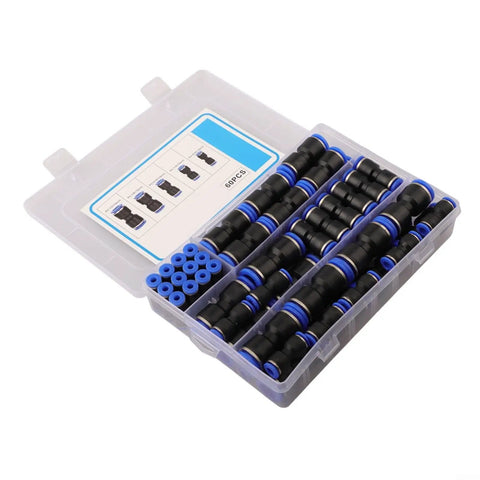 Top Flight 60 Piece Pneumatic Push Fitting Kit Assortment With 4mm To 12mm Quick Connect Straight Adapters For Air Compressors And DIY Plumbing Projects To Get The Job Done Fast Without Any Hassle., 60-piece black and blue plastic push fittings in storage case