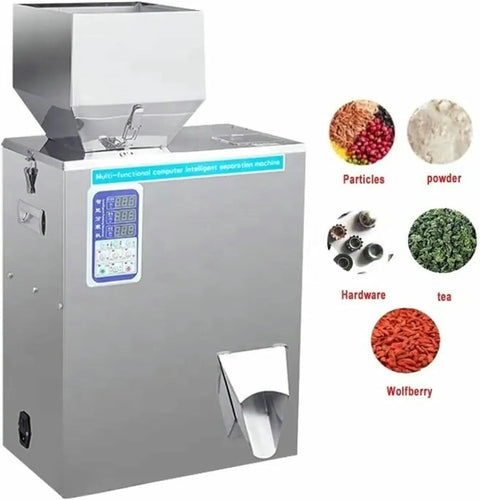 Automatic Powder And Granule Filling Machine With Hassle Free Setup, Rock Solid Stainless Steel Frame, Digital Scale For Precision Weighing, 10 To 500 Gram Range, Plug And Play Packaging For Tea Grains Feed Jewelry with digital display and dispensing spout.