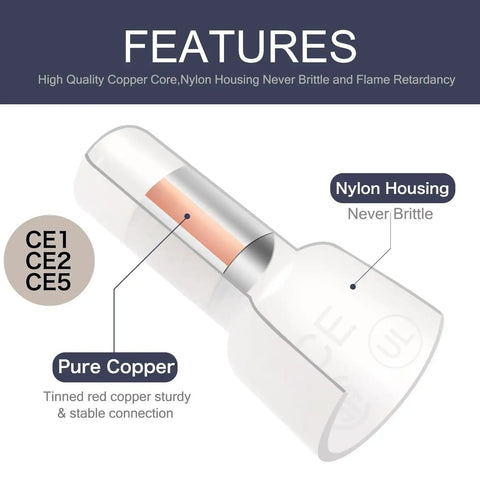 Assorted Closed End Crimp Connector Kit For 22-18, 16-14, And 12-10 AWG With Tinned Copper Core, Nylon PA Cap Insulated