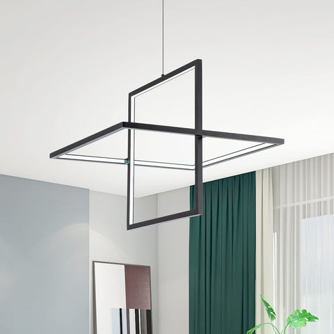Modern Square LED Chandelier Pendant Light That Looks Lit Dimmable 6000K Cool White Ideal For Living Room Dining Bedroom Kitchen And Study 65W Black Finish in room