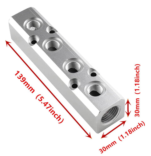 Heavy Duty Aluminum Pneumatic 4 Way Manifold Air Distribution Block With Two Half Inch Inlets And Two Quarter Inch Outlets, 18mm