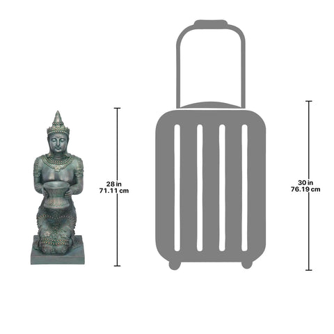 Thai Princess Kneeling Garden Statue With Offering Bowl Indoor Outdoor Polyresin Sculpture 28 Inch Tall Handcast Green Bronze Finish