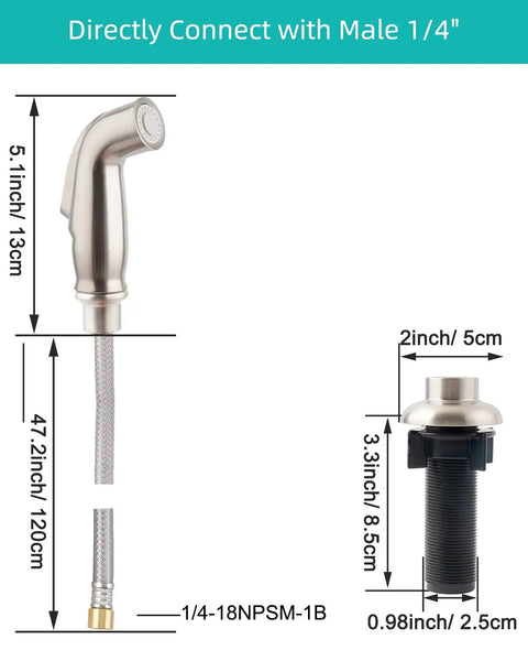 All In One Kitchen Sink Spray Attachment Kit With Hose And Holder Side Sprayer Compatible With Moen And Delta Faucets Replacement Sprayer In Brushed Nickel Includes Quick Connect Adapter Plus One Quarter Inch Barb And Three Eighth Inch Barb Adapters shown with measurements and connectors