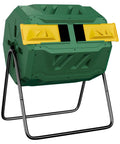 Large 43 Gallon Compost Tumbler Bin With Dual Chamber For Continuous Composting, green and yellow outdoor rotating system.