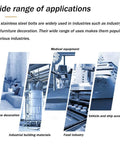 Applications of 304 stainless steel bolts in home decoration, medical equipment, vehicles, industrial materials, and food industry.