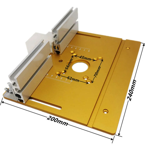 Rock Solid Aluminum Router Table Kit With Dead Nuts Precision Miter Gauge and Dual Scale Insert Plate, 200x240mm in gold.