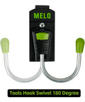 180 Degree Rotating Cordless Drill Holster Hook With Foldaway Design, black and green metal dual hooks, front view
