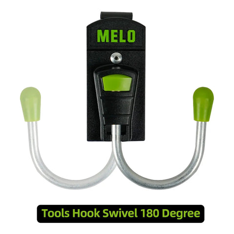 180 Degree Rotating Cordless Drill Holster Hook With Foldaway Design, black and green metal dual hooks, front view