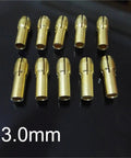 4 Premium Brass Collet Chuck Adapters In 2.4 And 3 Millimeter For Your Mini Rotary Power Tool shown in 3.0mm size laying on black surface.