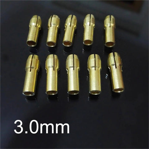 4 Premium Brass Collet Chuck Adapters In 2.4 And 3 Millimeter For Your Mini Rotary Power Tool shown in 3.0mm size laying on black surface.