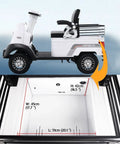Side view of White 2-Passenger Electric Golf Cart Cruiser showcasing the seat and generous storage trunk dimensions.