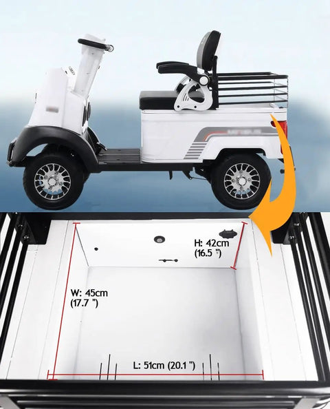 Side view of White 2-Passenger Electric Golf Cart Cruiser showcasing the seat and generous storage trunk dimensions.
