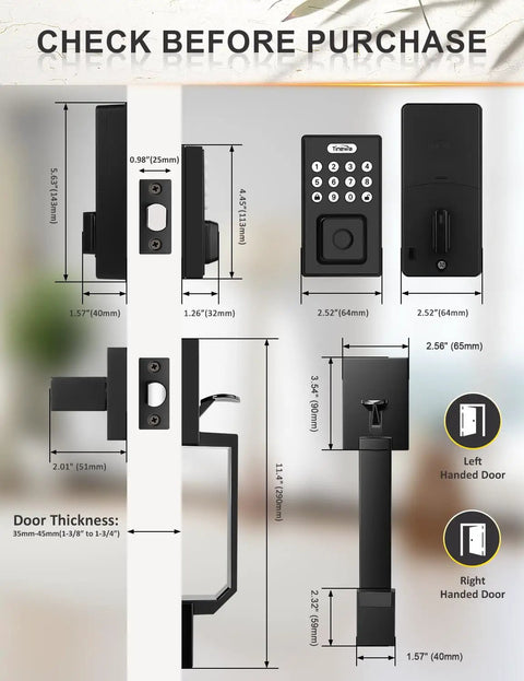 Dimensional diagram of Keyless Entry Door Lock With Handles Electronic Keypad Deadbolt For Front Door Auto Locking Anti Peeping Password Digital Smart Code Lock Matte Black Front Door Handle Set.