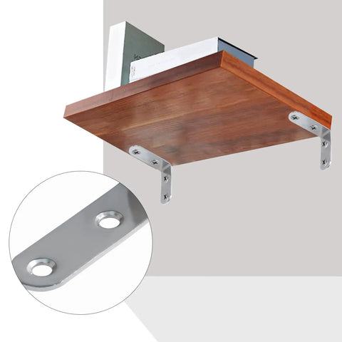 L Shaped Shelf Brackets 2 Inch Stainless Steel 90 Degree Corner Brackets 6 Pack With Hardware Screws installed on wooden shelf