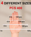 Heavy Duty White Zip Ties Set 4 6 8 12 Inch 400 Pack UV Resistant, 4 sizes shown in hand