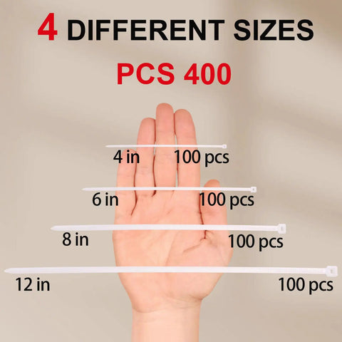 Heavy Duty White Zip Ties Set 4 6 8 12 Inch 400 Pack UV Resistant, 4 sizes shown in hand