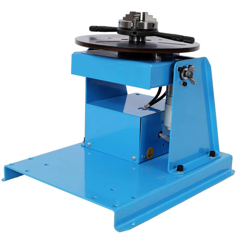 Heavy Duty Rotary Welding Positioner With Sturdy Three Jaw Chuck And Smooth Zero To Ninety Degree Tilt For No Sweat Seam Welding Runs, blue frame, sturdy base.