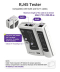RJ45 Tester compatible with RJ45 and RJ11 cables shown with testing indicators and operational notes.