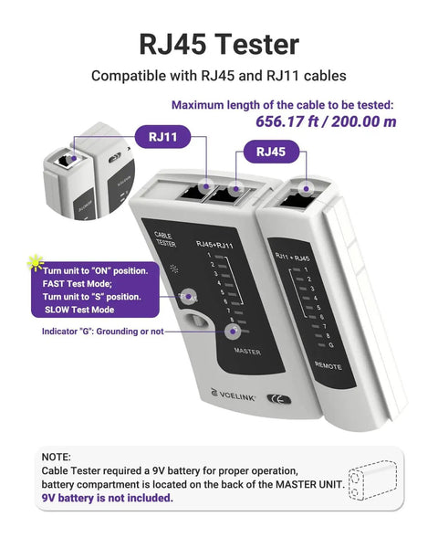 RJ45 Tester compatible with RJ45 and RJ11 cables shown with testing indicators and operational notes.