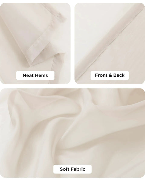 Close-up of neat hems, front and back view, and soft fabric texture of All Weather Outdoor Sheer Curtains 6 Pack For Patio And Porch, Rod Pocket Beige 54x84 Inches, Ideal For Balcony Gazebo Pergola And Cabana Privacy, Backyard Vibe With Easy Hang And Light Diffusion