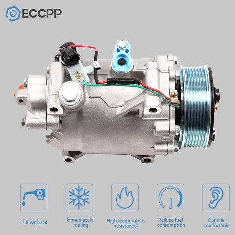 Heavy Duty AC Compressor For Honda Civic And CRV 2.4L 2007 To 2015 showing aluminum casing with electrical connectors and pulley.
