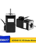 Front and side views of two NEMA17 12V brake stepper motors, black housings with silver mounting faces and shafts.