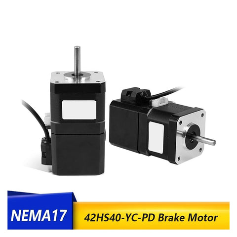 Front and side views of two NEMA17 12V brake stepper motors, black housings with silver mounting faces and shafts.