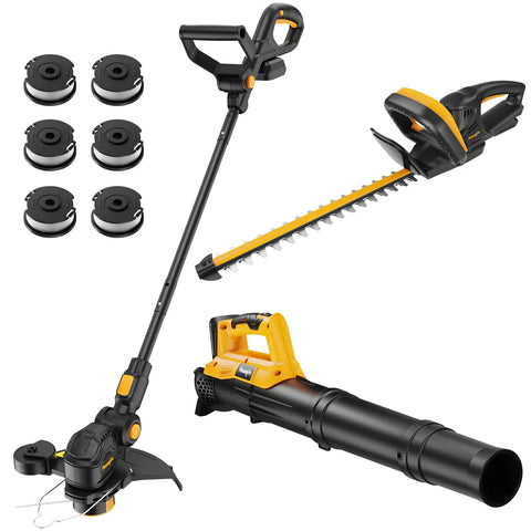 Cordless 3 In 1 Weed Wacker Hedge Trimmer And Leaf Blower Combo Tool Only 20V Max shows components and trimmer heads.